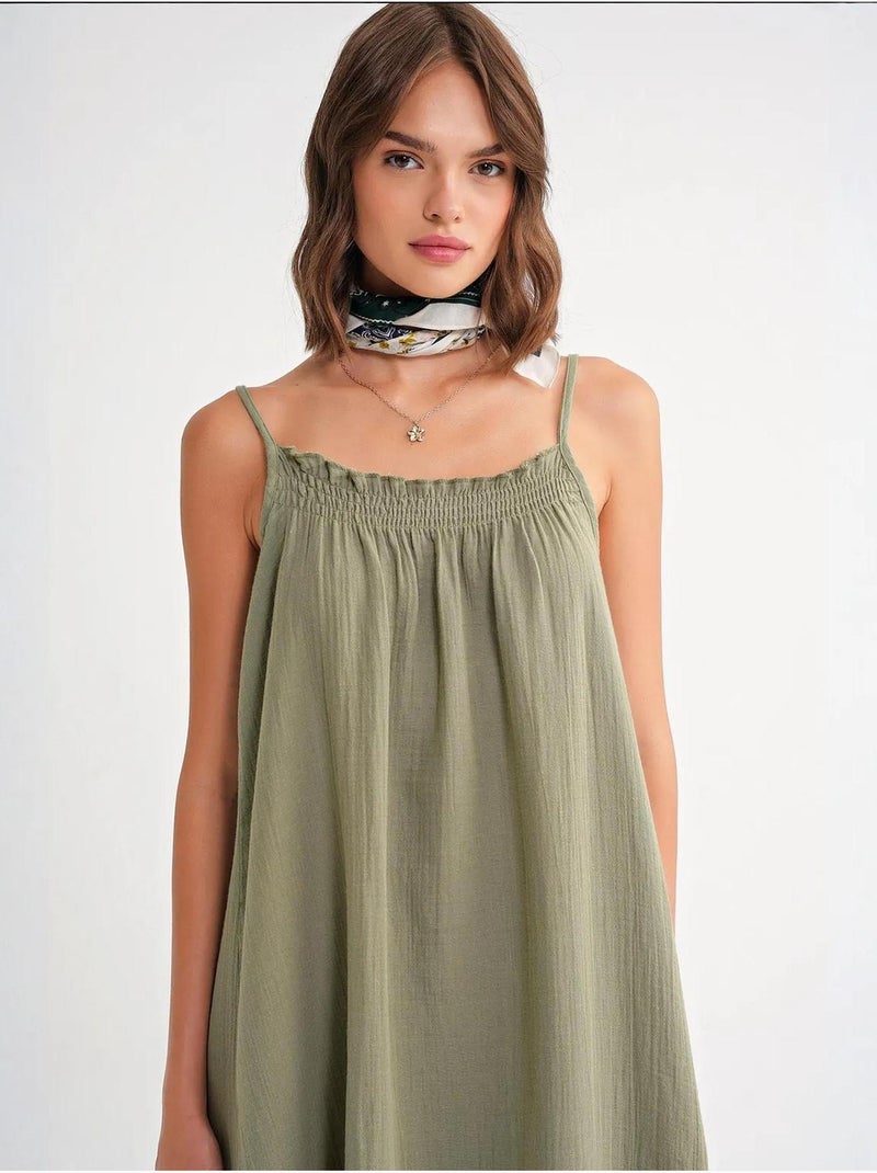 Vestido midi em musselina com detalhe de folhos mixray Verde pastel - Kiabi