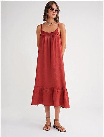 Vestido midi em musselina com detalhe de folhos mixray