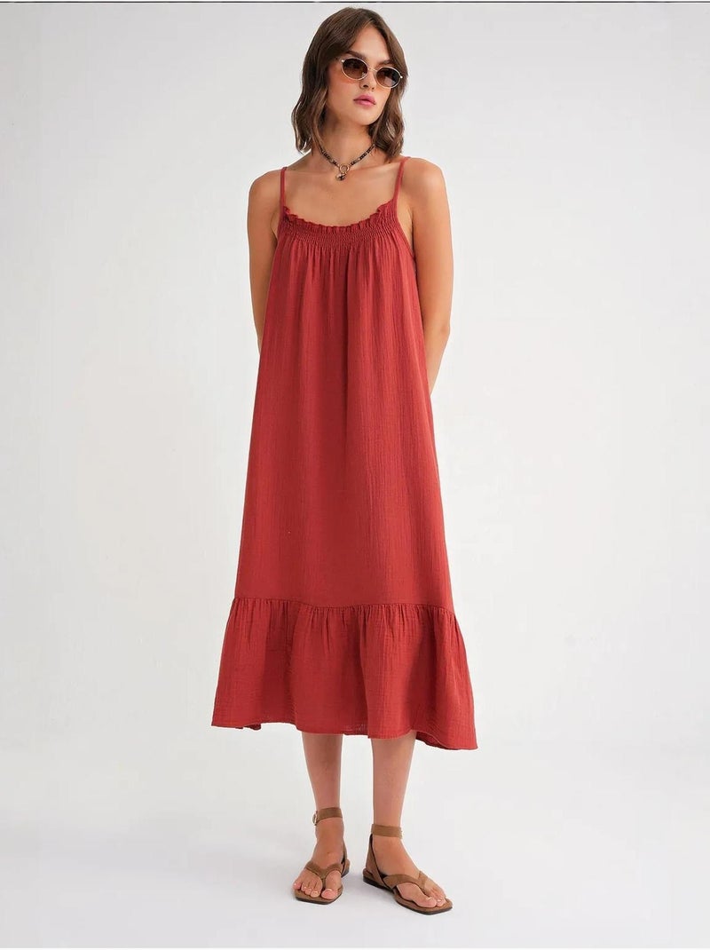 Vestido midi em musselina com detalhe de folhos mixray Vermelho escuro - Kiabi