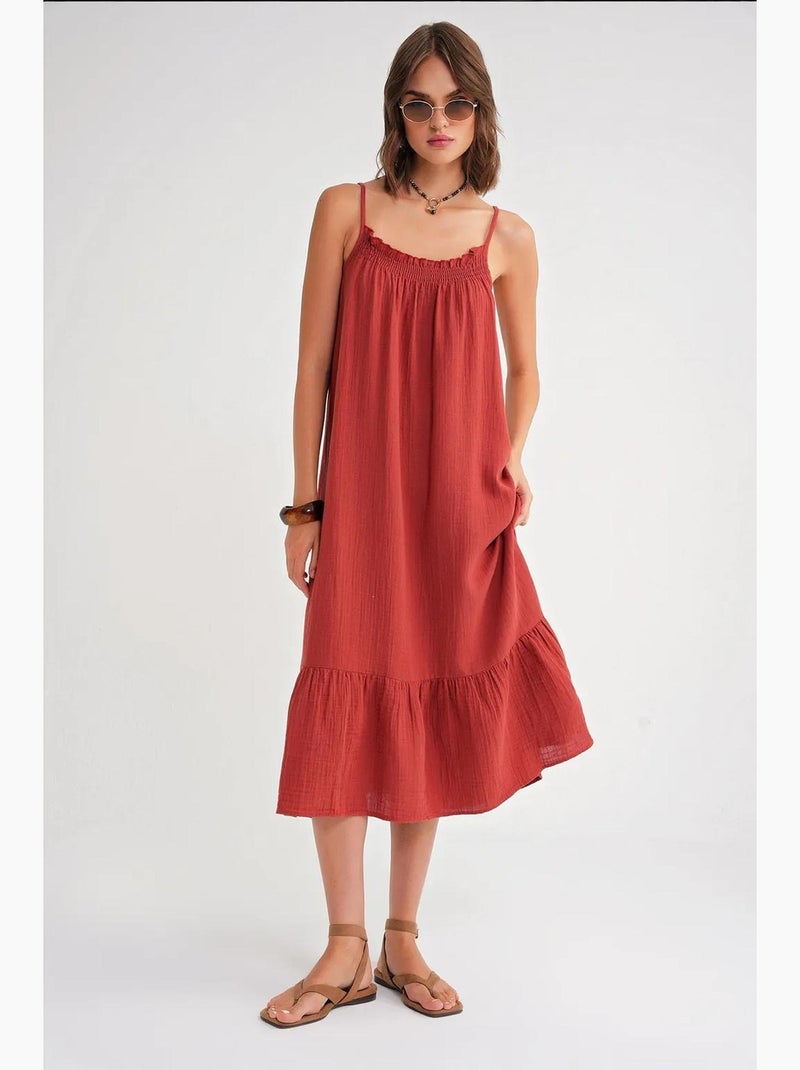 Vestido midi em musselina com detalhe de folhos mixray Vermelho escuro - Kiabi
