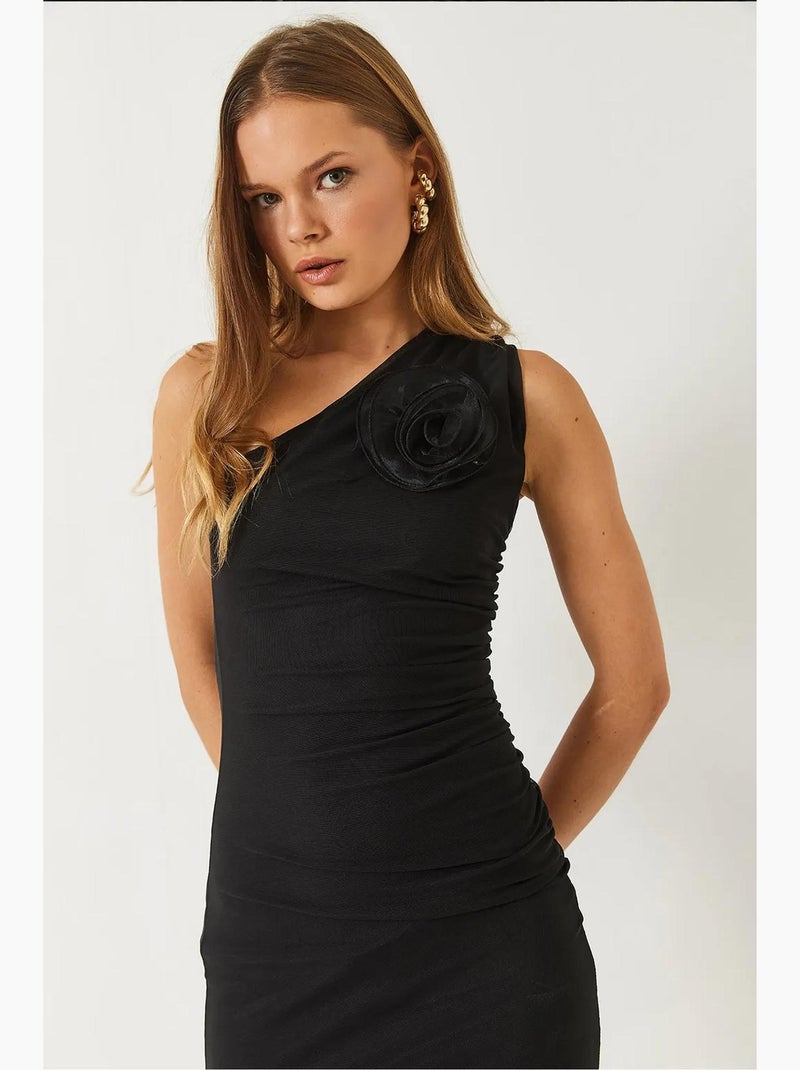 Vestido midi em tule com forro e acessório de rosa removível lucci Preto - Kiabi