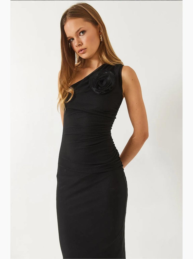 Vestido midi em tule com forro e acessório de rosa removível lucci Preto - Kiabi