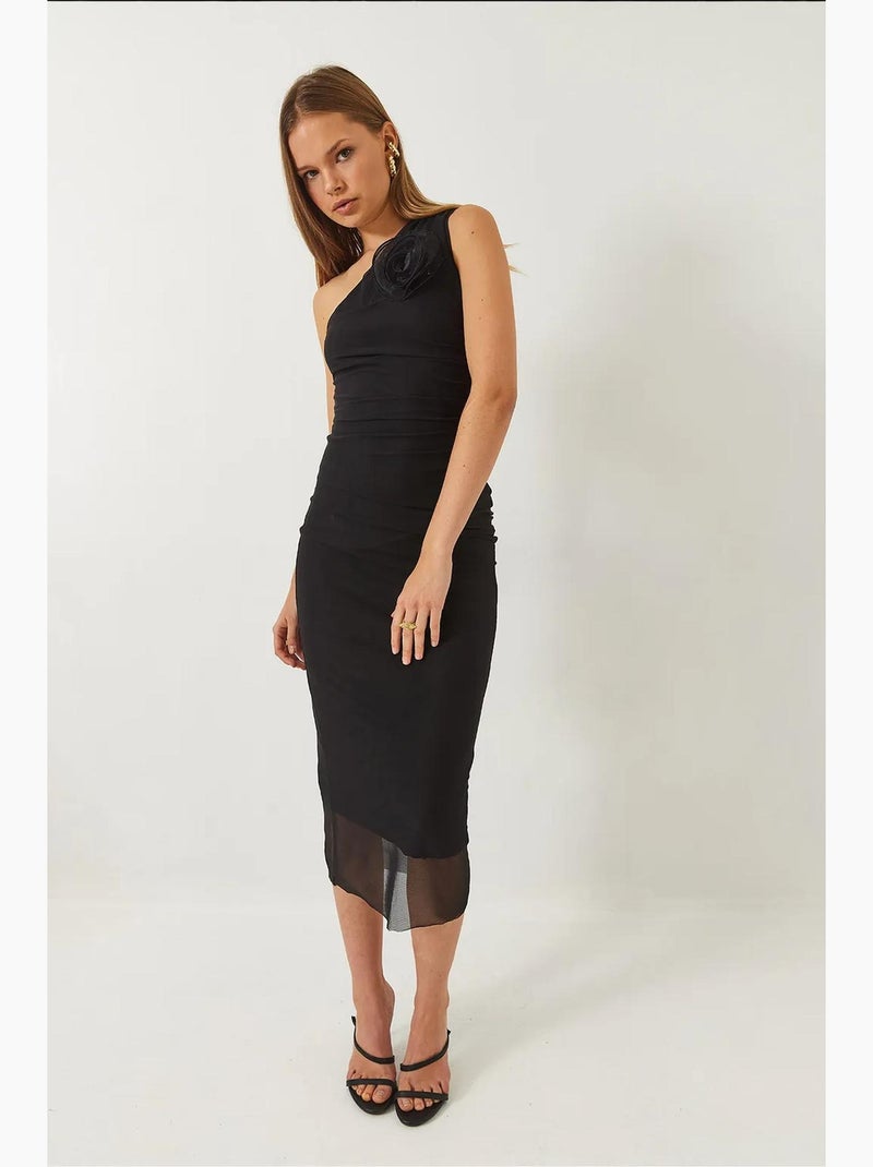 Vestido midi em tule com forro e acessório de rosa removível lucci Preto - Kiabi