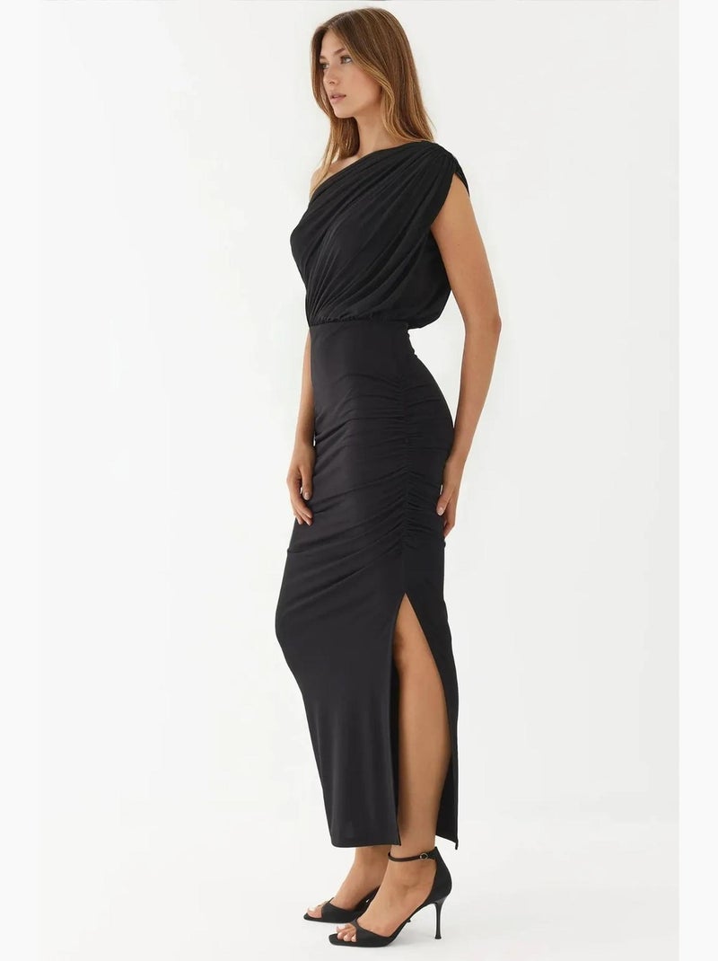 Vestido midi envelope com racha, gola assimétrica e elástico hiccup Preto - Kiabi