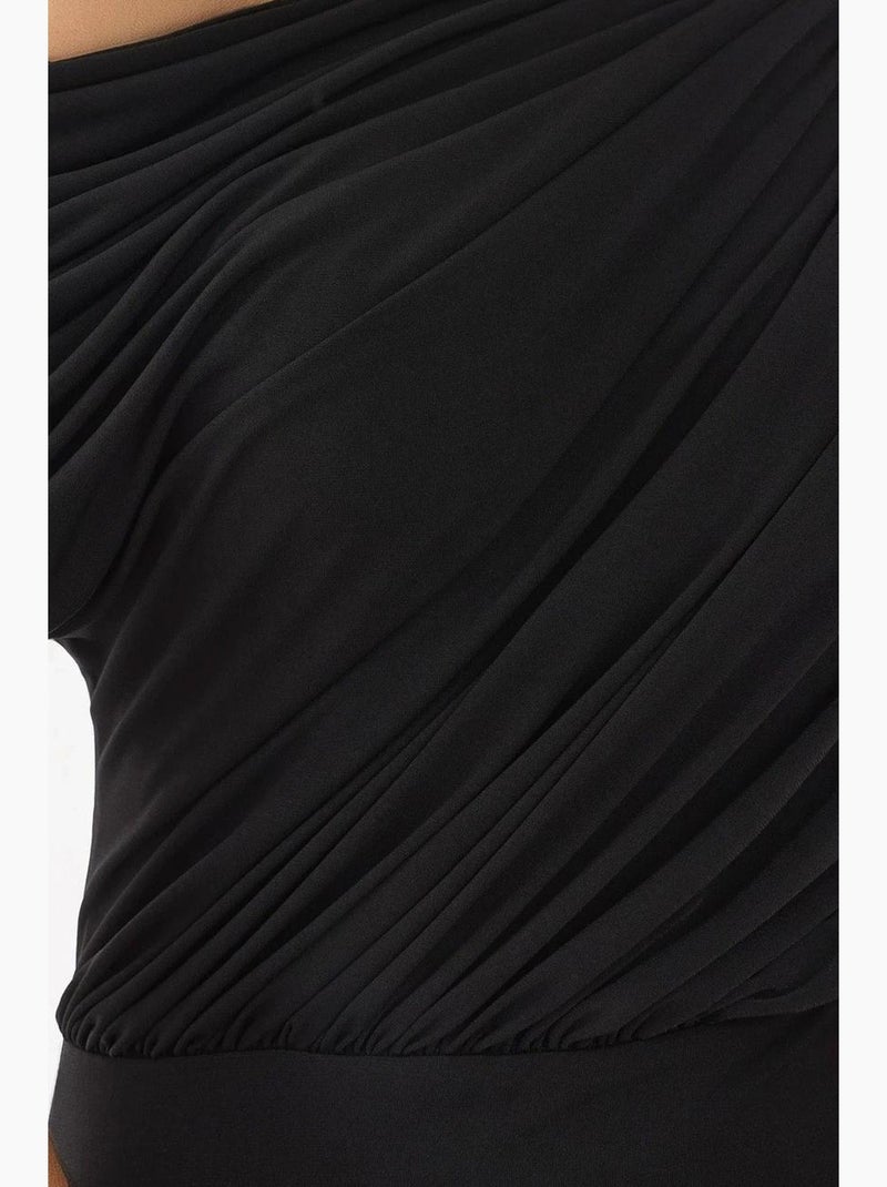 Vestido midi envelope com racha, gola assimétrica e elástico hiccup Preto - Kiabi
