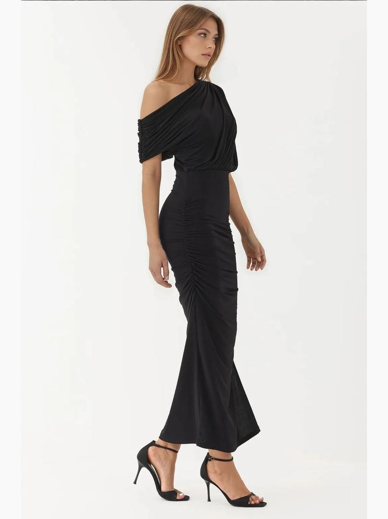 Vestido midi envelope com racha, gola assimétrica e elástico hiccup Preto - Kiabi