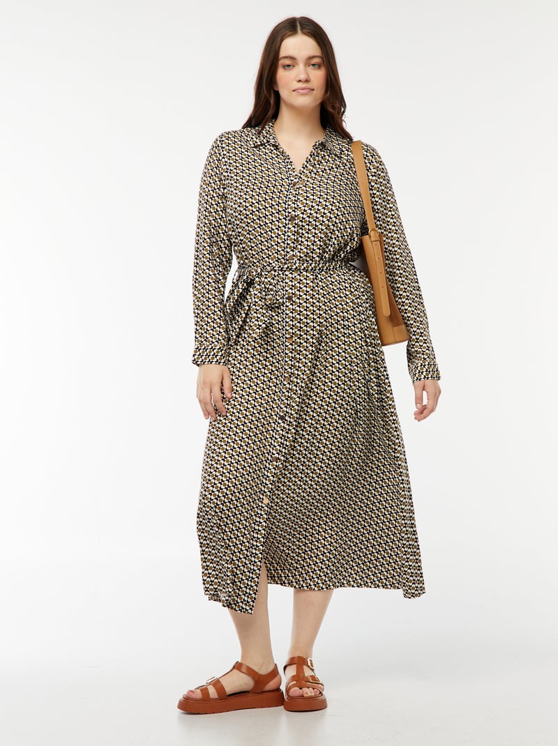 Vestido midi estampado cintado e com molas de pressão Bege - Kiabi