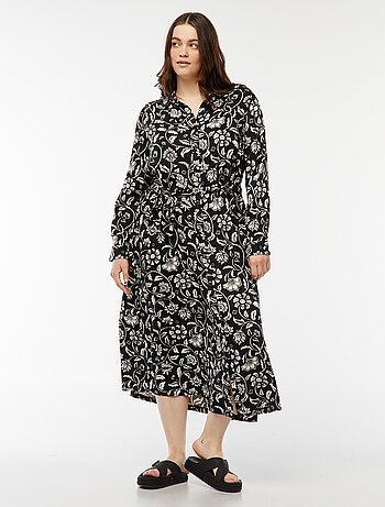 Vestido midi estampado cintado e com molas de pressão