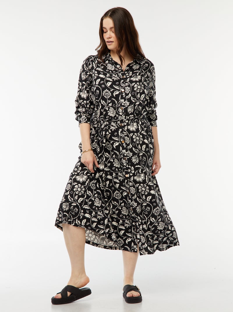 Vestido midi estampado cintado e com molas de pressão Preto - Kiabi