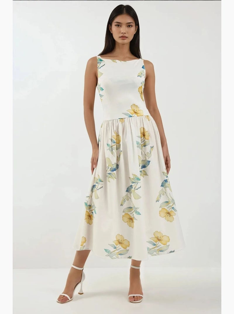 Vestido midi estampado com decote barco hiccup Branco - Kiabi