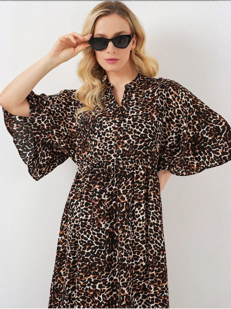 Vestido midi estampado com decote em v e mangas três quartos bdart Castanho-avelã - Kiabi