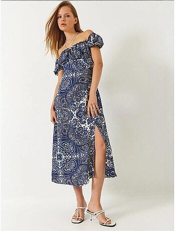 Vestido midi estampado com decote em v e racha lucci