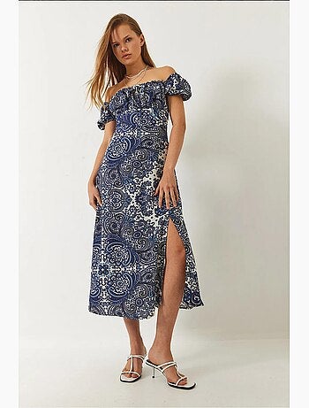 Vestido midi estampado com decote em v e racha lucci