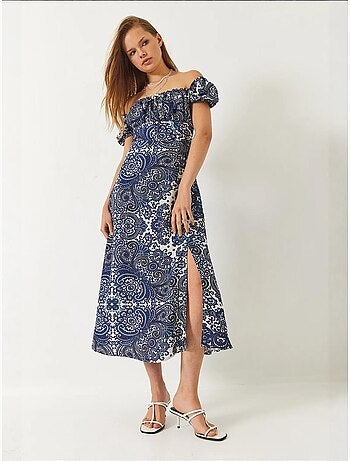 Vestido midi estampado com decote em v e racha lucci