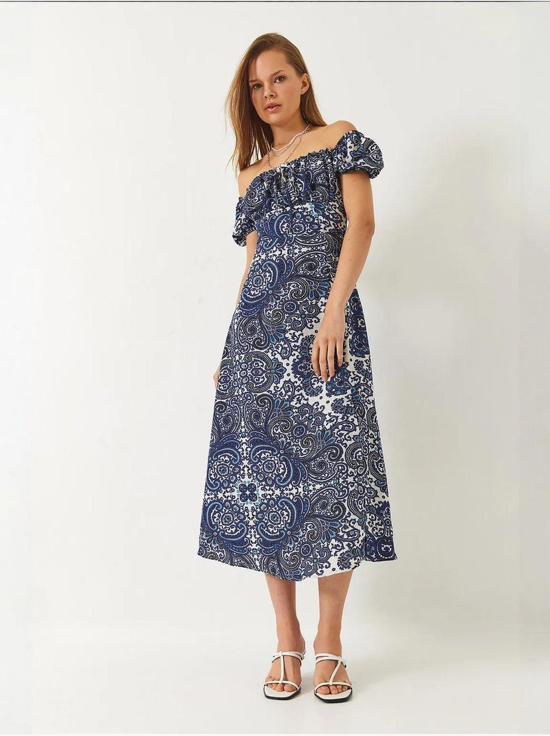 Vestido midi estampado com decote em v e racha lucci Azul claro - Kiabi