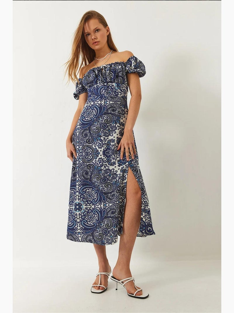 Vestido midi estampado com decote em v e racha lucci Azul claro - Kiabi