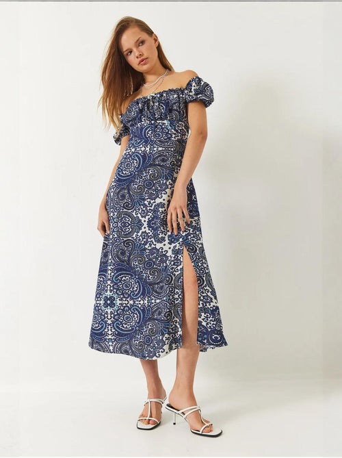 Vestido midi estampado com decote em v e racha lucci - Kiabi Vestido midi estampado com decote em v e racha lucci - Kiabi