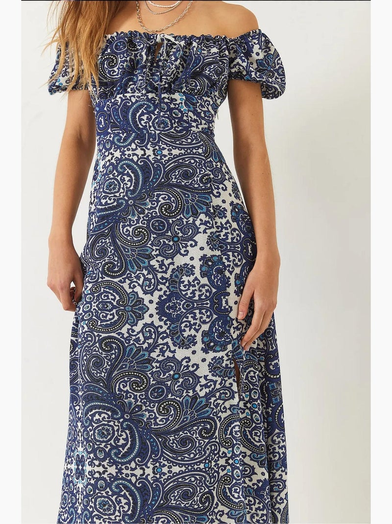Vestido midi estampado com decote em v e racha lucci Azul claro - Kiabi