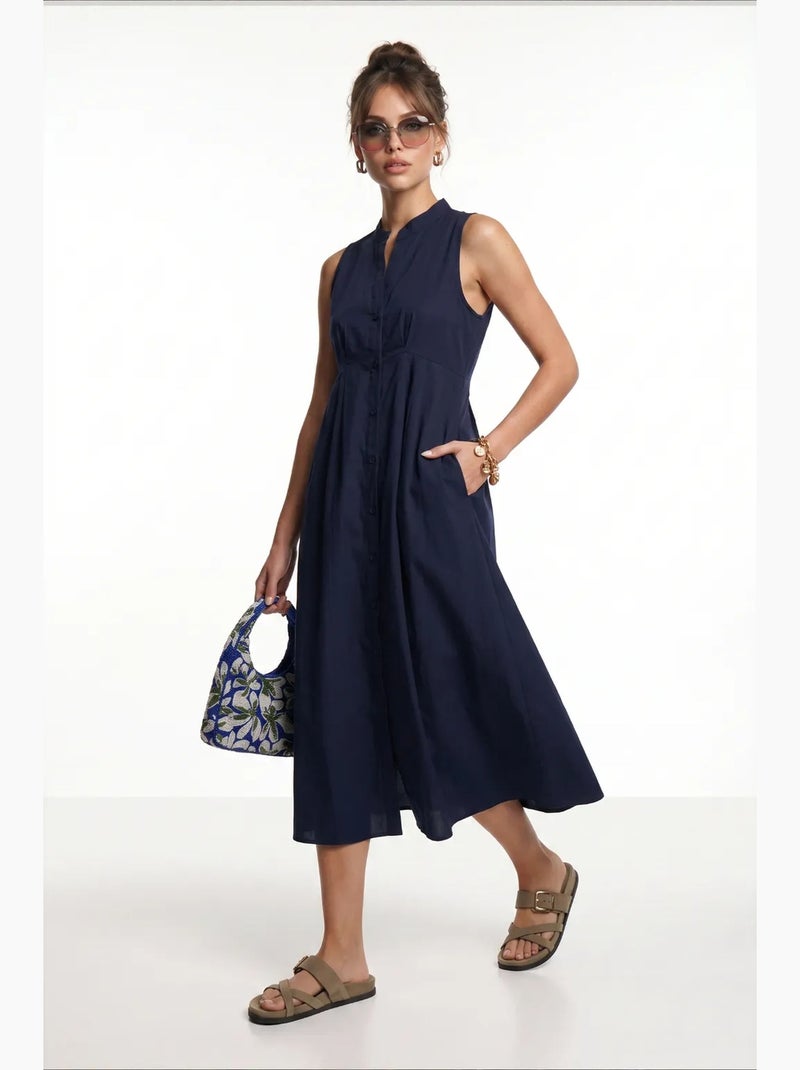 Vestido midi evasé sem mangas com gola mandarim istanbul Azul-marinho - Kiabi