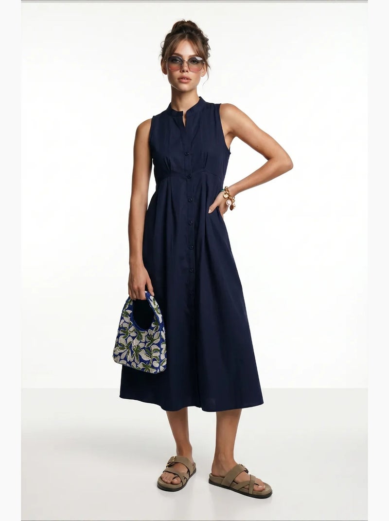 Vestido midi evasé sem mangas com gola mandarim istanbul Azul-marinho - Kiabi