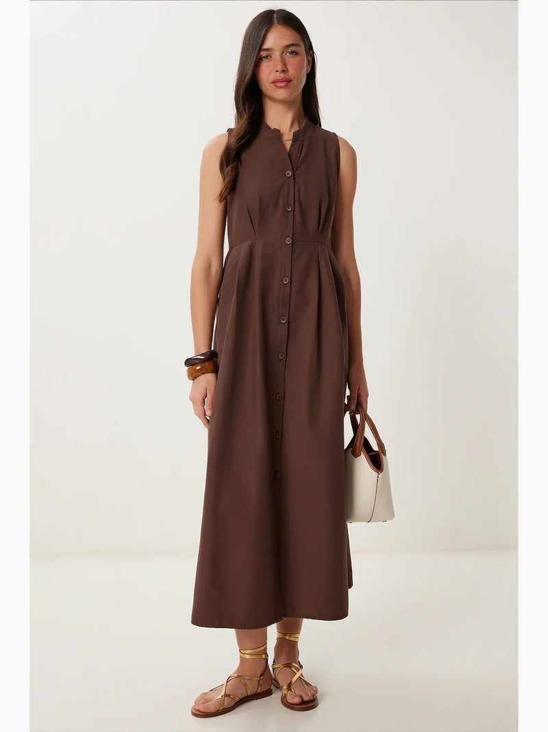 Vestido midi evasé sem mangas com gola mandarim istanbul Castanho - Kiabi