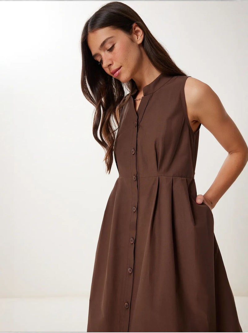 Vestido midi evasé sem mangas com gola mandarim istanbul Castanho - Kiabi