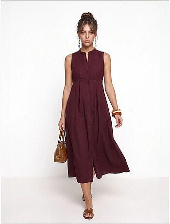 Vestido midi evasé sem mangas com gola mandarim istanbul
