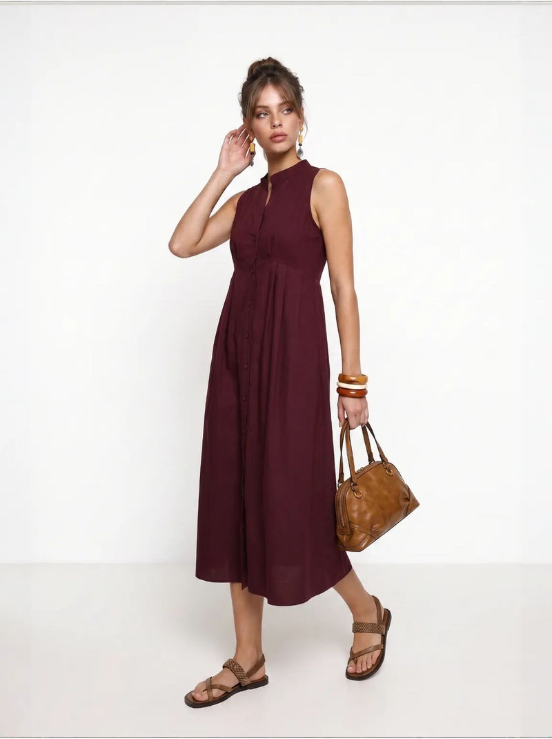 Vestido midi evasé sem mangas com gola mandarim istanbul Vermelho bordô - Kiabi