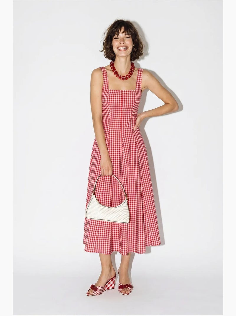Vestido midi evasê xadrez lucci Branco Vermelho - Kiabi