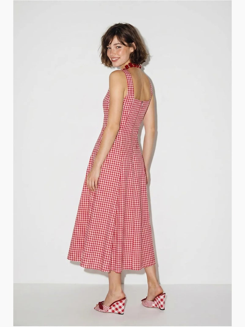 Vestido midi evasê xadrez lucci Branco Vermelho - Kiabi