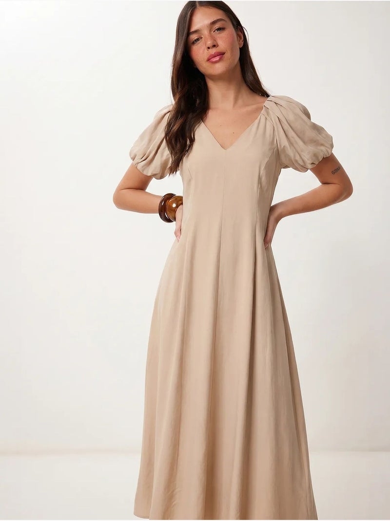 Vestido midi feminino em linha a com decote em v istanbul Bege-argila - Kiabi