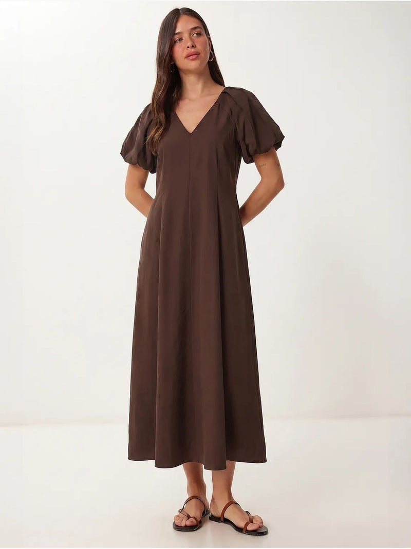 Vestido midi feminino em linha a com decote em v istanbul Castanho - Kiabi