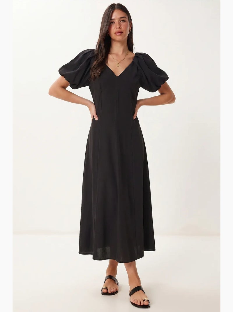 Vestido midi feminino em linha a com decote em v istanbul Preto - Kiabi