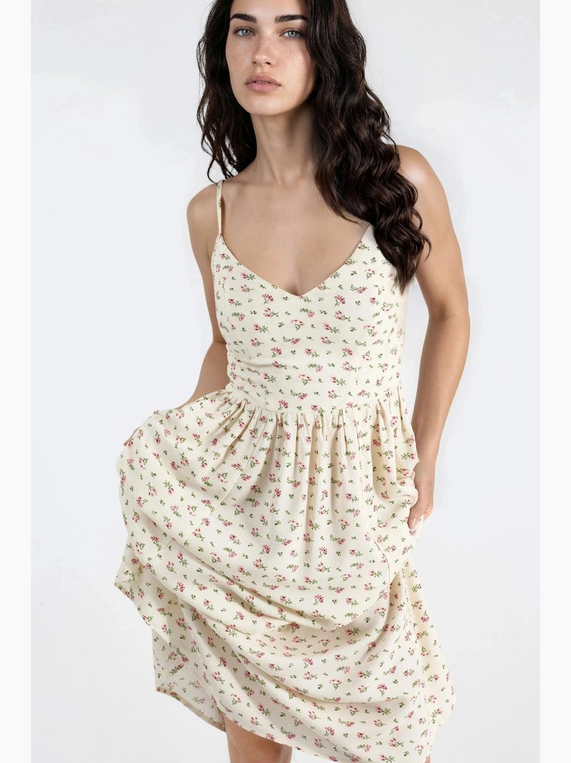 Vestido midi floral com alças hiccup Bege - Kiabi