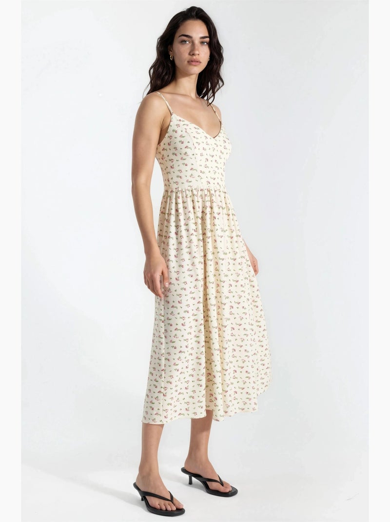 Vestido midi floral com alças hiccup Bege - Kiabi