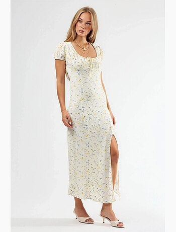 Vestido midi floral com decote em u e detalhe de laço busem
