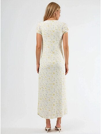 Vestido midi floral com decote em u e detalhe de laço busem