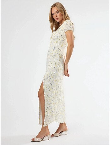 Vestido midi floral com decote em u e detalhe de laço busem