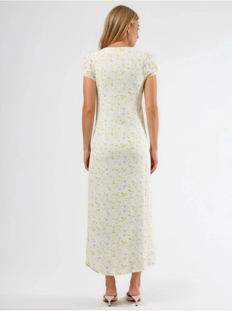 Vestido midi floral com decote em u e detalhe de laço busem Branco - Kiabi