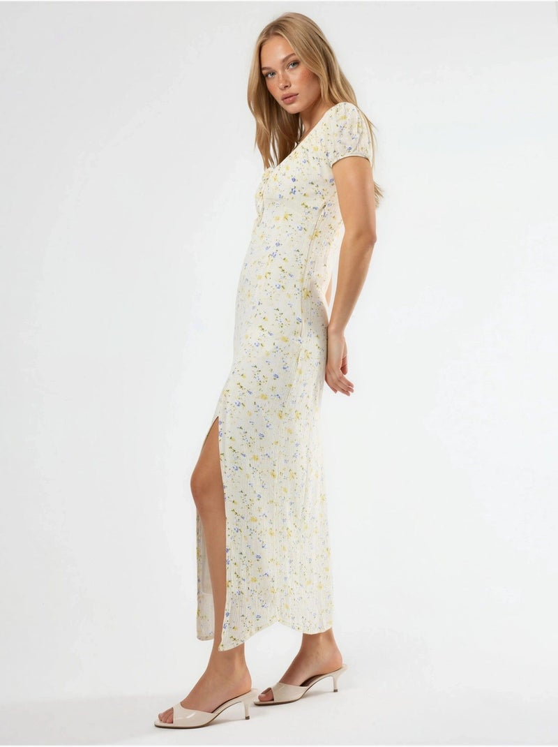 Vestido midi floral com decote em u e detalhe de laço busem Branco - Kiabi
