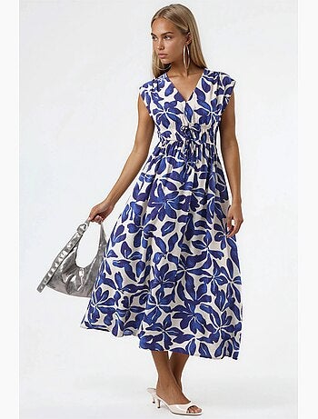 Vestido midi floral com decote em v e detalhe de laço busem