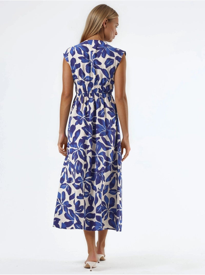 Vestido midi floral com decote em v e detalhe de laço busem Azul escuro - Kiabi