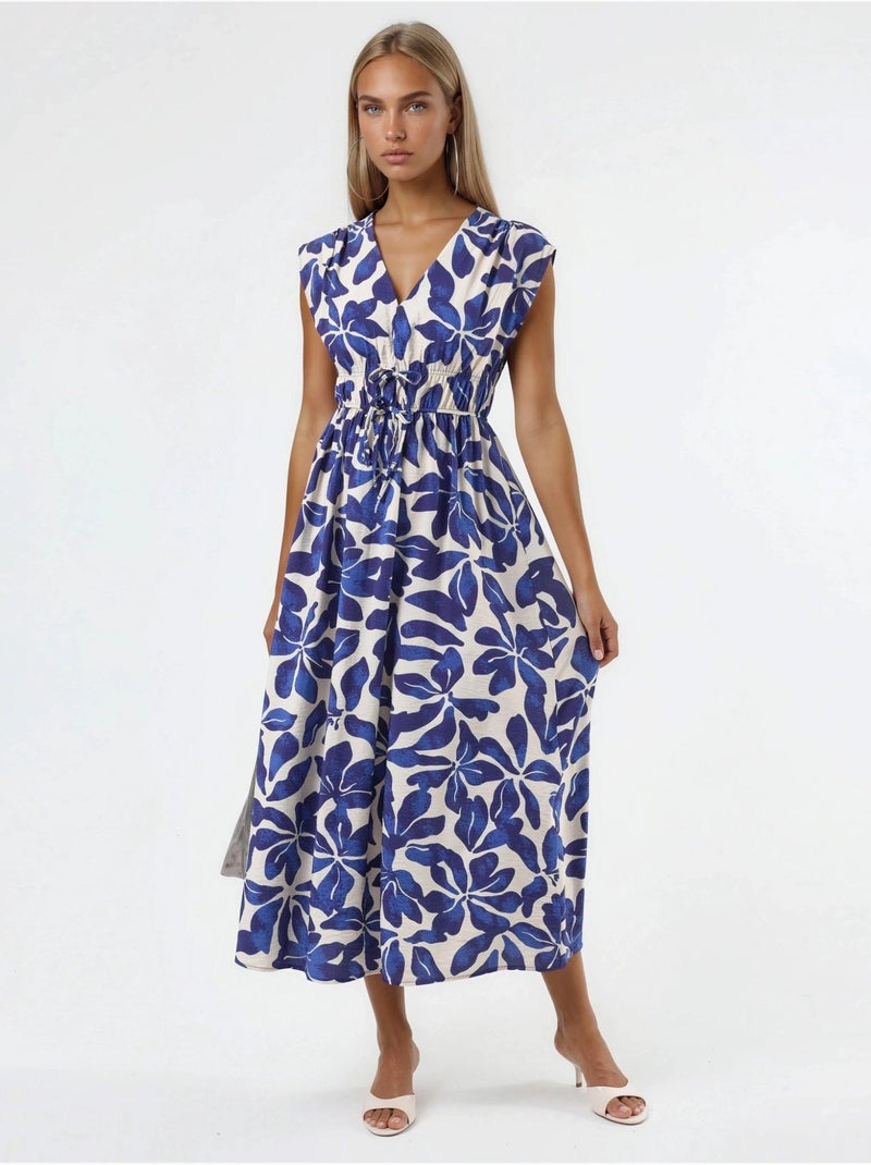 Vestido midi floral com decote em v e detalhe de laço busem Azul escuro - Kiabi