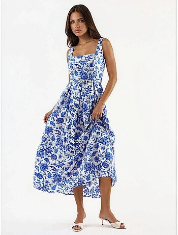 Vestido midi floral com decote quadrado busem