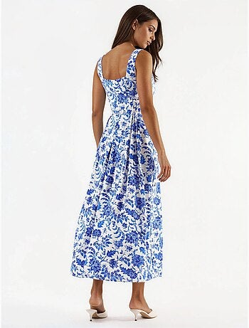 Vestido midi floral com decote quadrado busem