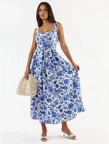Vestido midi floral com decote quadrado busem