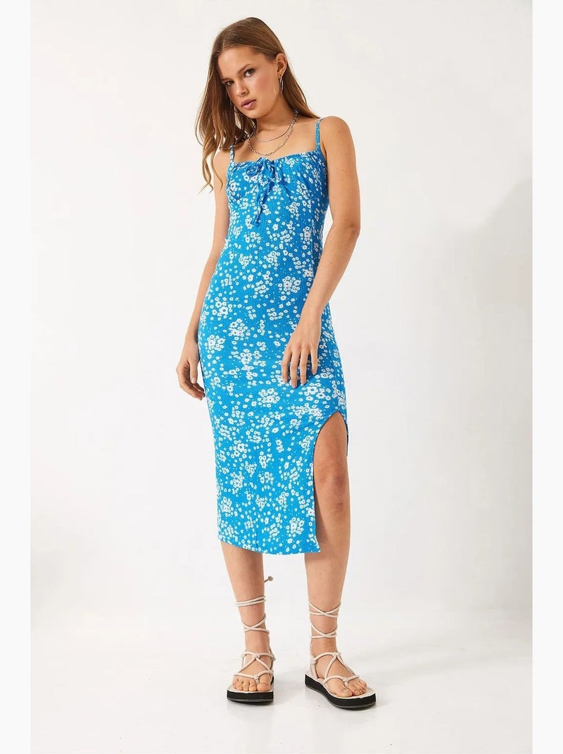 Vestido midi floral com decote quadrado lucci Azul-elétrico - Kiabi