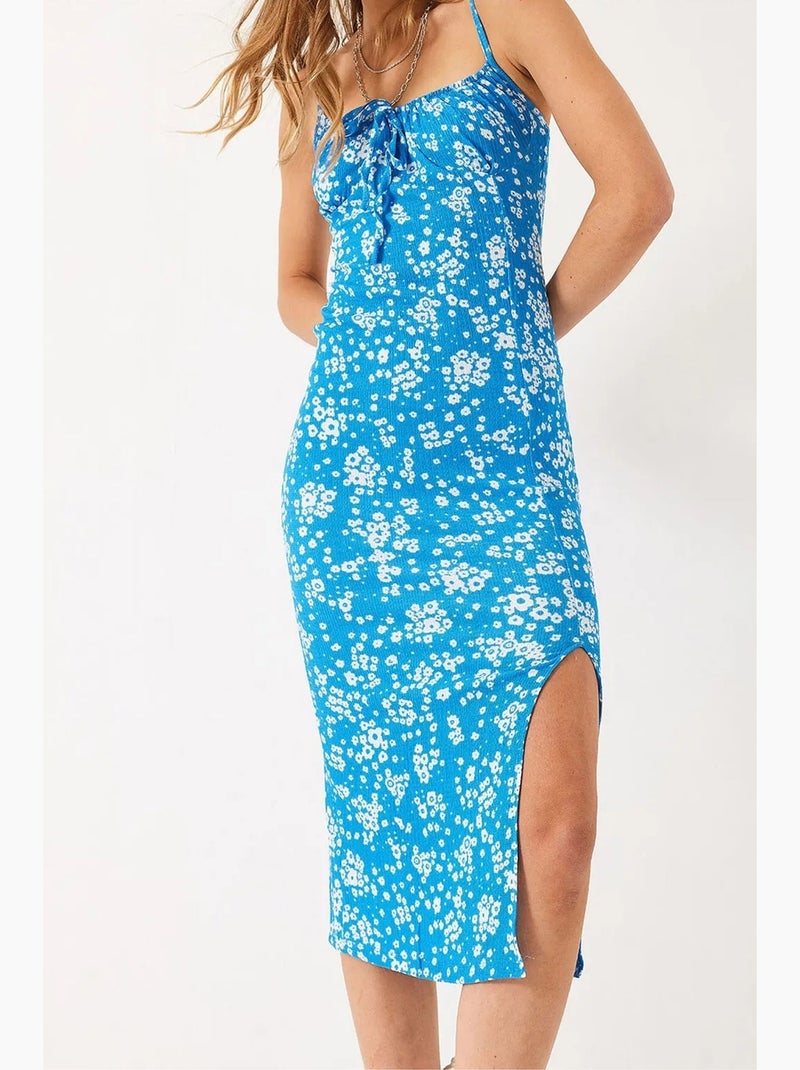 Vestido midi floral com decote quadrado lucci Azul-elétrico - Kiabi