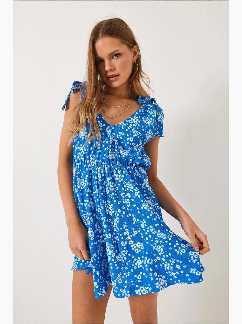 Vestido midi floral com folhos lucci Azul claro - Kiabi