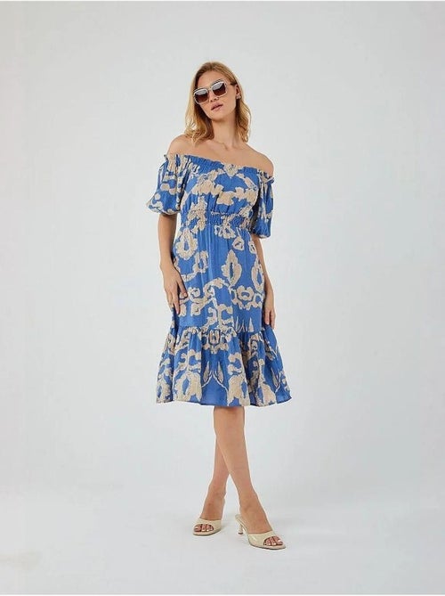 Vestido midi floral com folhos, ombros descobertos e detalhe de atar mixray - Kiabi Vestido midi floral com folhos, ombros descobertos e detalhe de atar mixray - Kiabi
